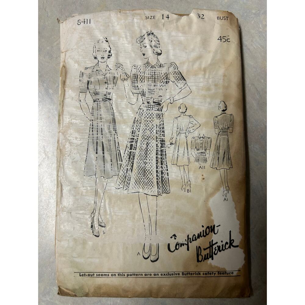 Vintage 1940's Butterick Pattern #8411 Shirtwaist Dress Size 14 HTF